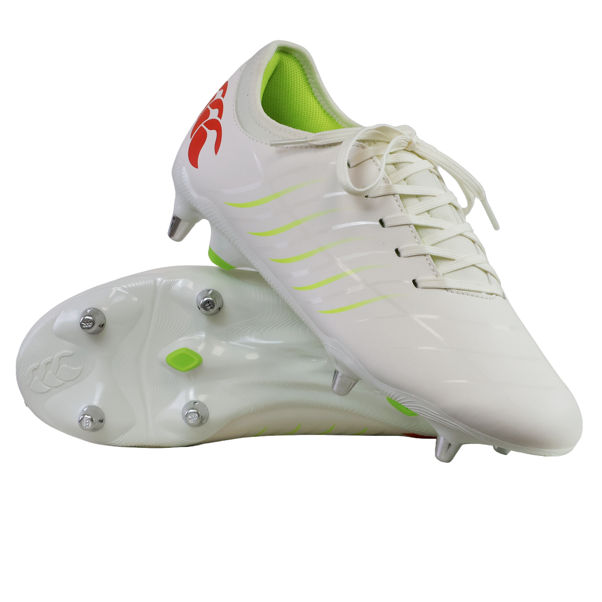 The Canterbury Phoenix 2.0 Team SG rugby boots in Snow White/Tangerine Tango feature metal studs, light green accents, and a red logo on the heel, shown against a plain white background.