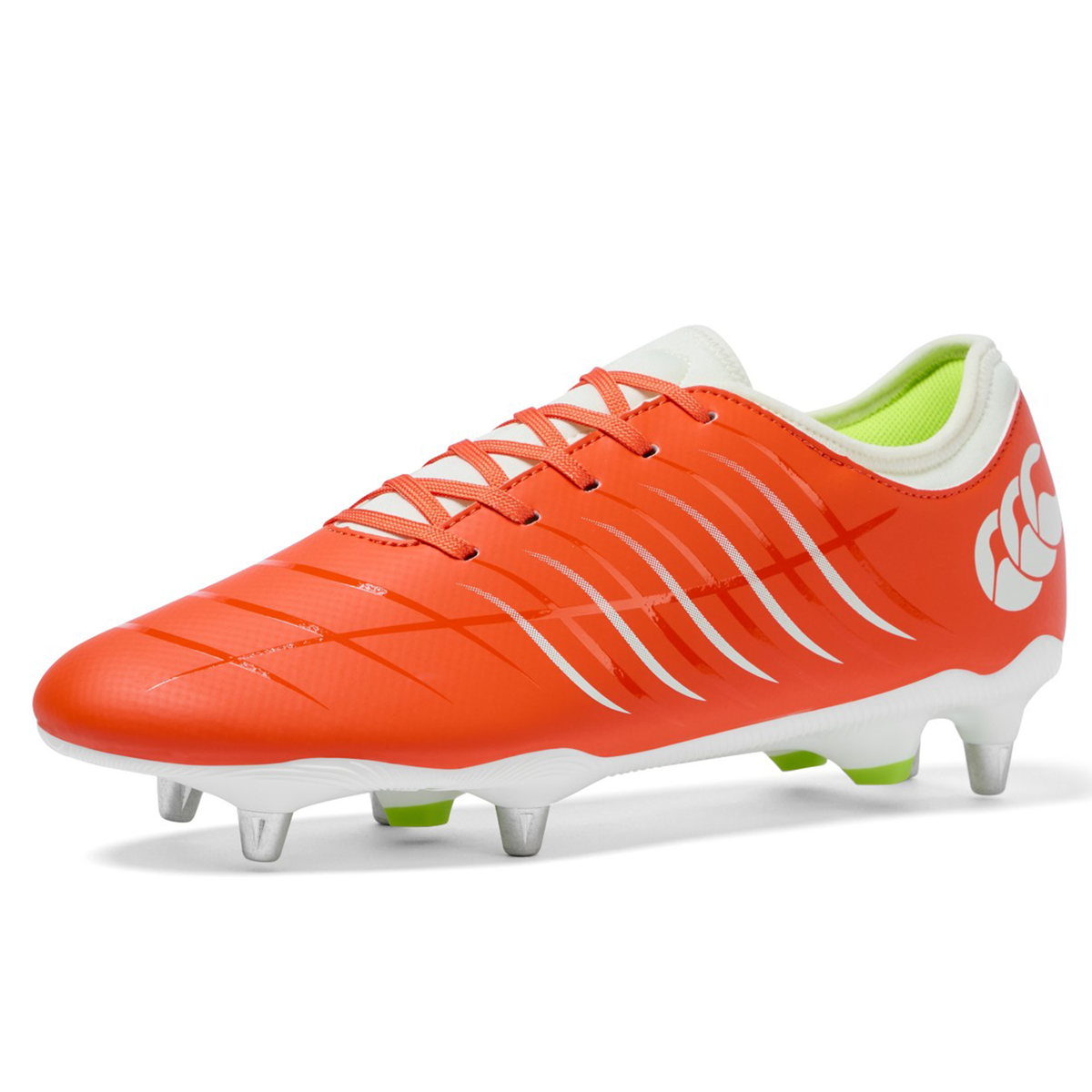 The Canterbury Phoenix 2.0 Team SG rugby boot by Canterbury features a Tangerine Tango upper with Snow White accents, metal studs for wet ground, lime green lining, and a white sole, shown on a plain white background.