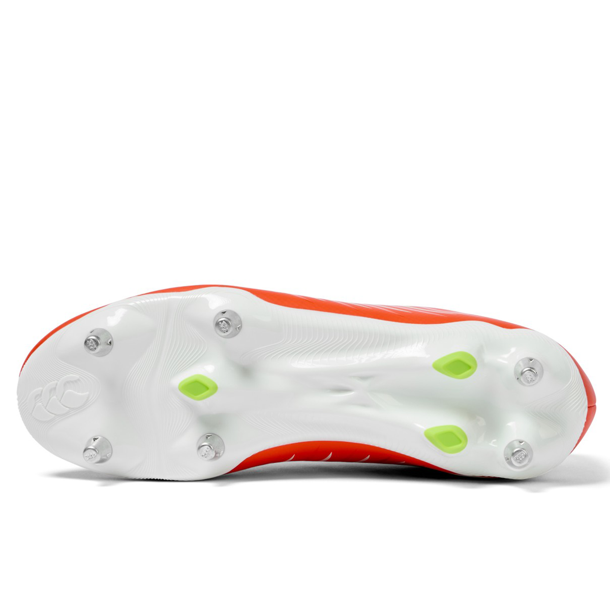 Bottom view of the Canterbury Phoenix 2.0 Team SG rugby boot in Tangerine Tango/Snow White by Canterbury, showing metal studs and two green accents on the white sole—ideal for wet conditions.