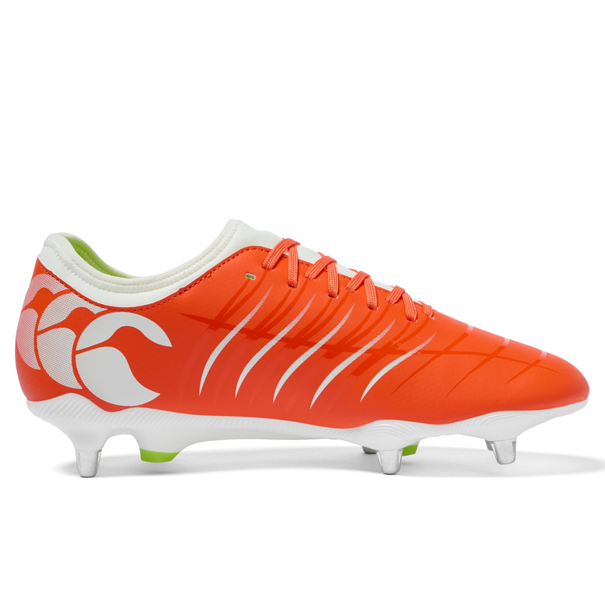 The Canterbury Phoenix 2.0 Team SG rugby boots in Tangerine Tango/Snow White feature metal studs and a white heel logo—ideal for wet conditions. Shown on a plain white background.