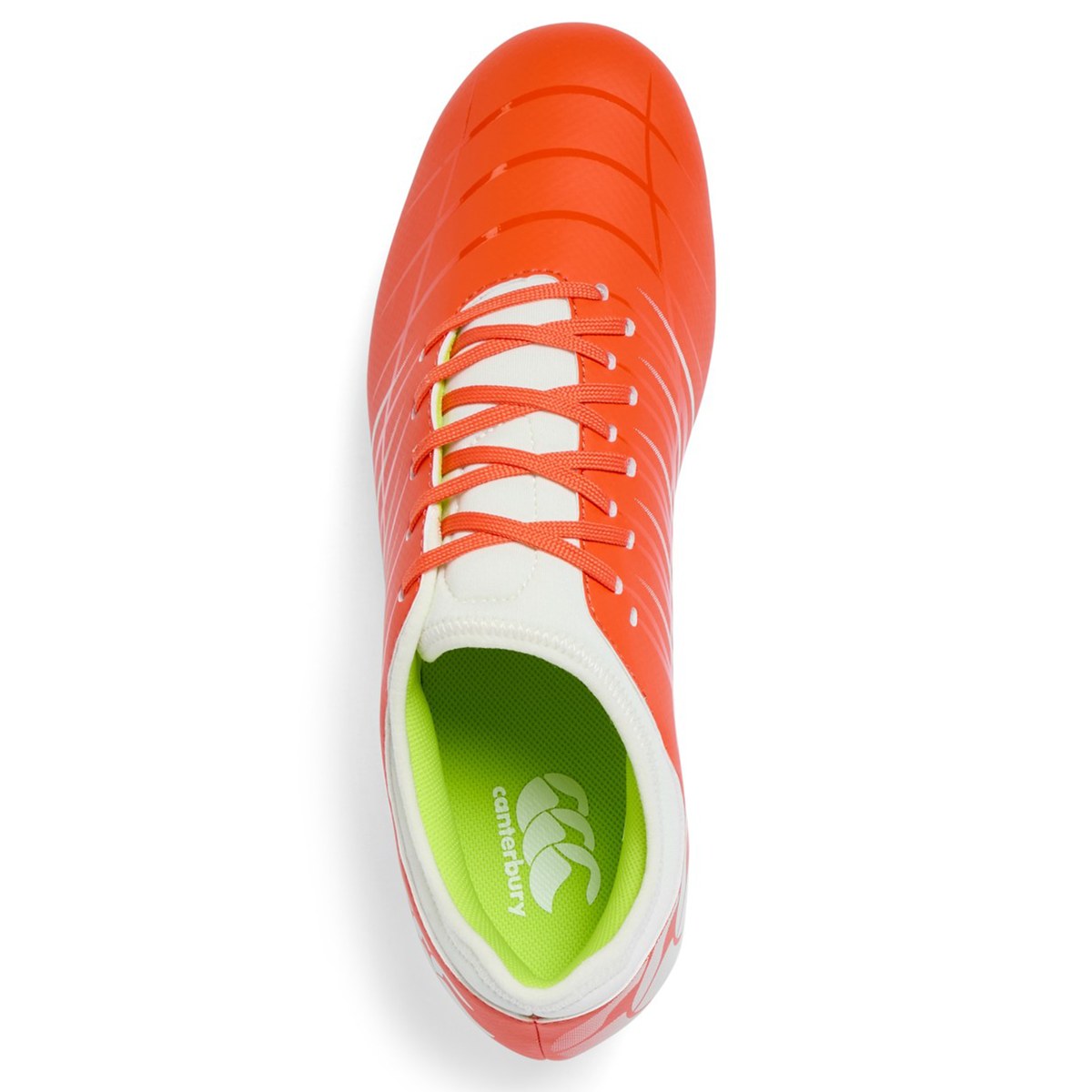 Top view of the Canterbury Phoenix 2.0 Team SG rugby boot in Tangerine Tango/Snow White—features white laces, green insole with Canterbury logo, and is ideal for players wanting performance in all conditions.