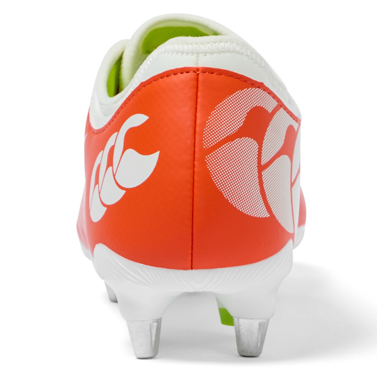 Close-up rear view of the Canterbury Phoenix 2.0 Team SG rugby boot in Tangerine Tango/Snow White, featuring metal studs and a white heel logo—ideal for wet conditions.