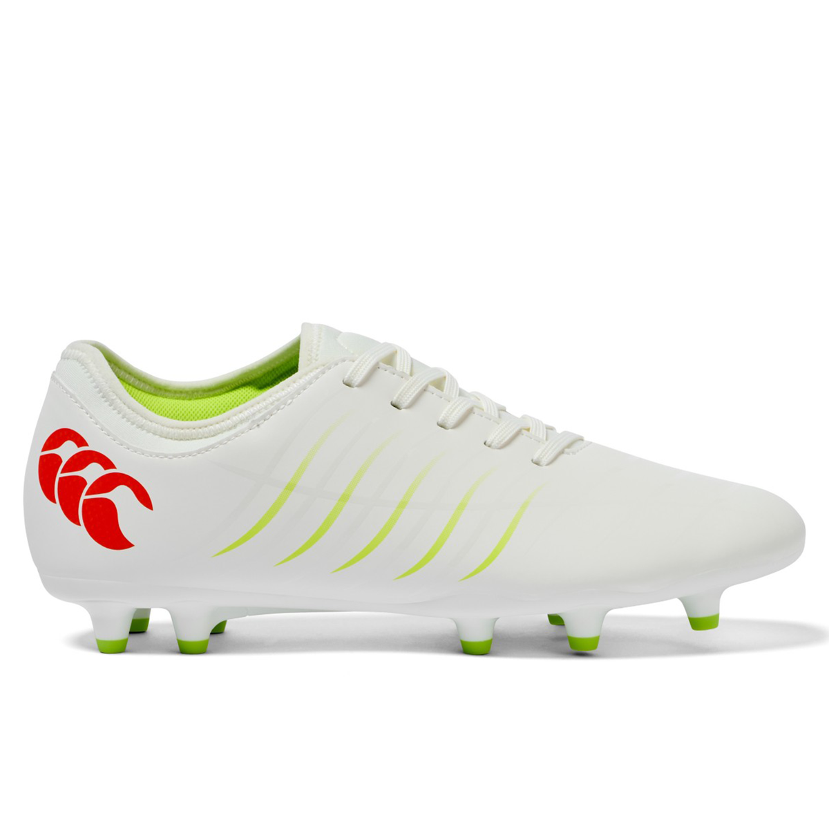 The Canterbury Phoenix 2.0 Team FG by Canterbury features a snow white look with tangerine tango details, a red heel logo, and green-tipped studs, shown from the side profile.