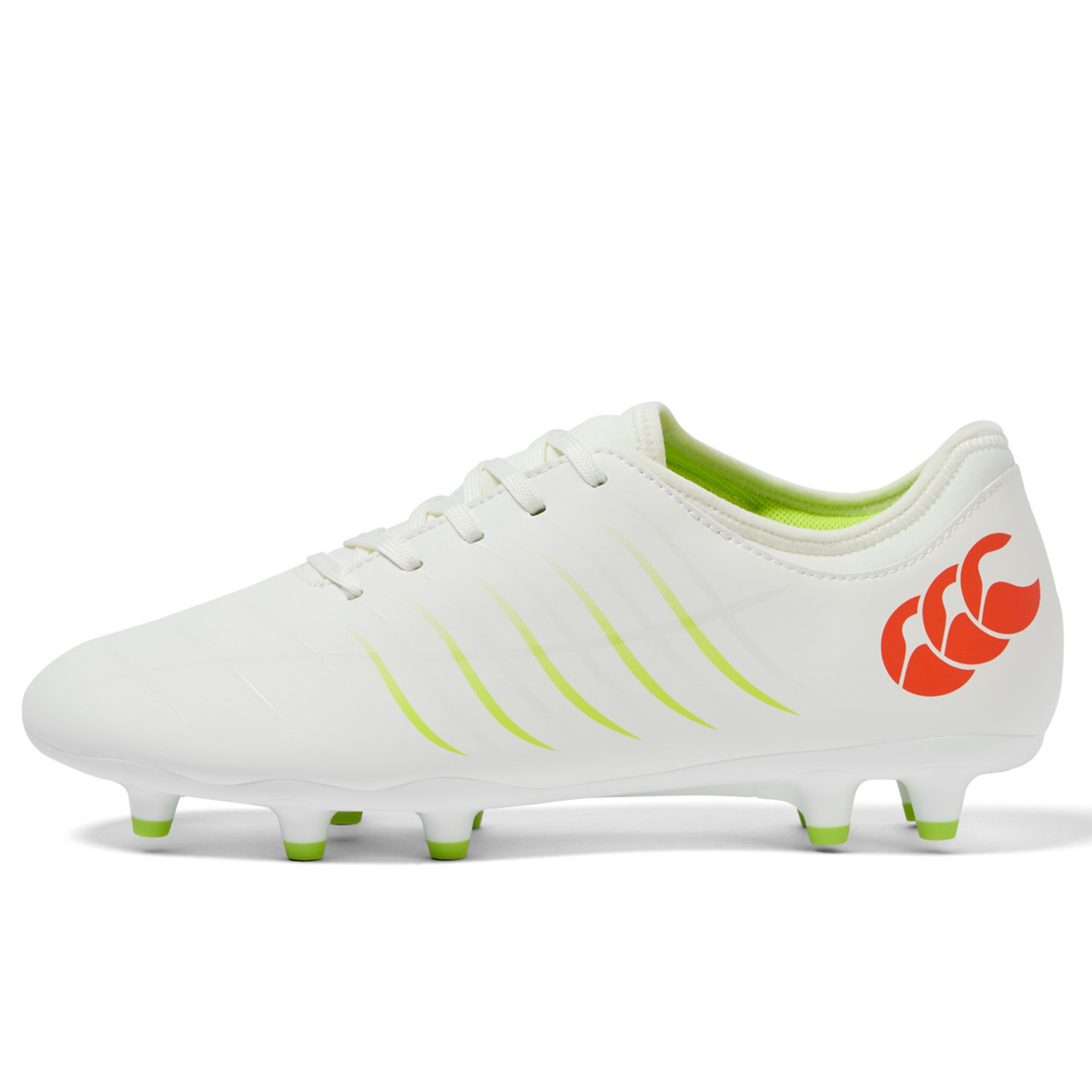 The Canterbury Phoenix 2.0 Team FG in Snow White/Tangerine Tango features green studs, subtle green accents, and an orange heel logo—a durable firm ground boot from Canterbury, ideal for football enthusiasts.