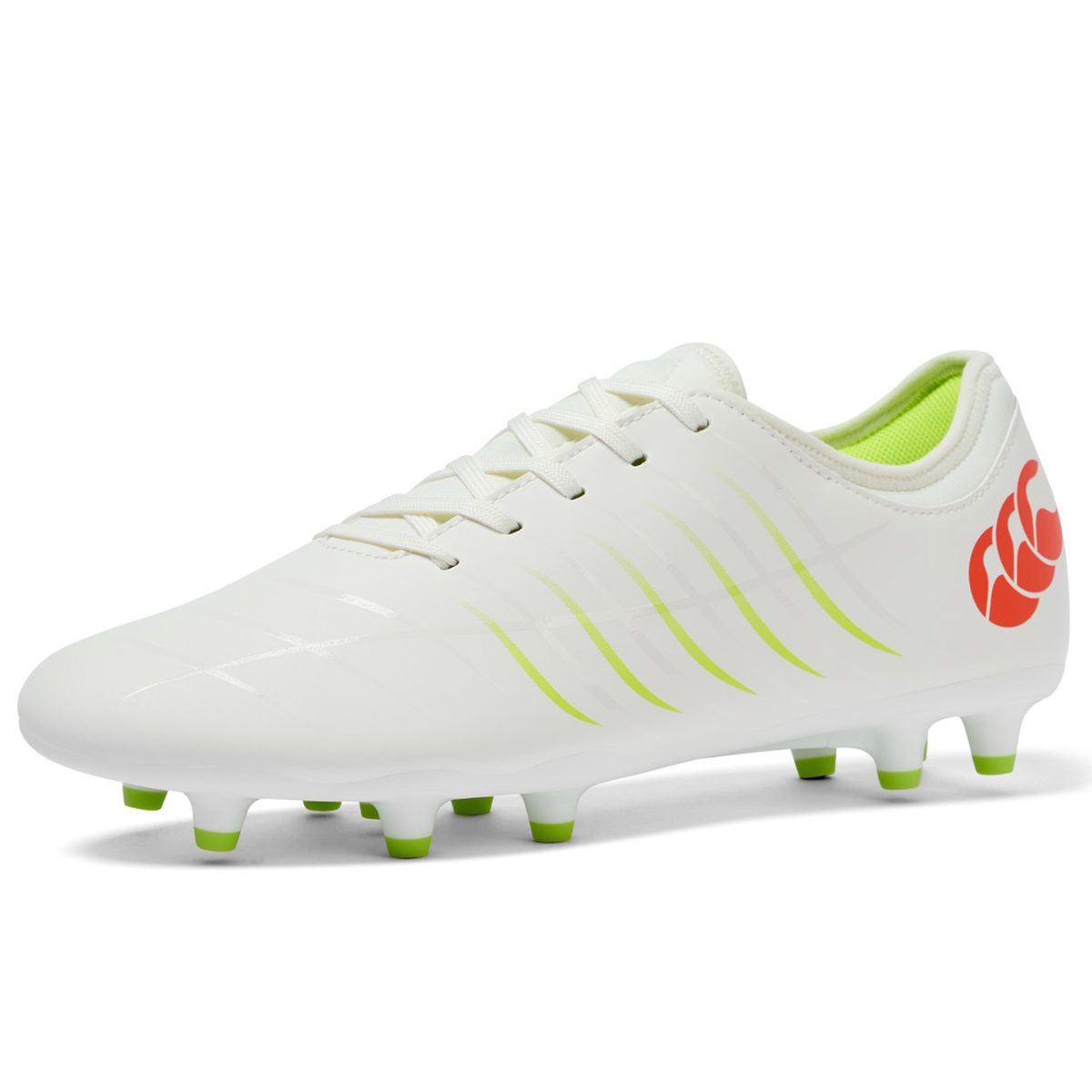 The Canterbury Phoenix 2.0 Team FG football boot in Snow White/Tangerine Tango features green accents, lime green studs, and an orange heel logo, with a durable build by Canterbury, shown on a white background.