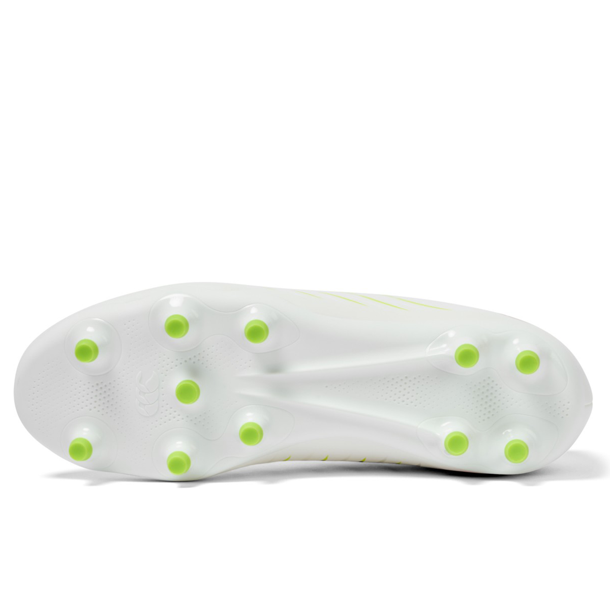 The image shows the sole of the Canterbury Phoenix 2.0 Team FG in Snow White/Tangerine Tango, featuring eleven green-tipped studs for grip—ideal firm ground boots from Canterbury for durability and traction on the field.