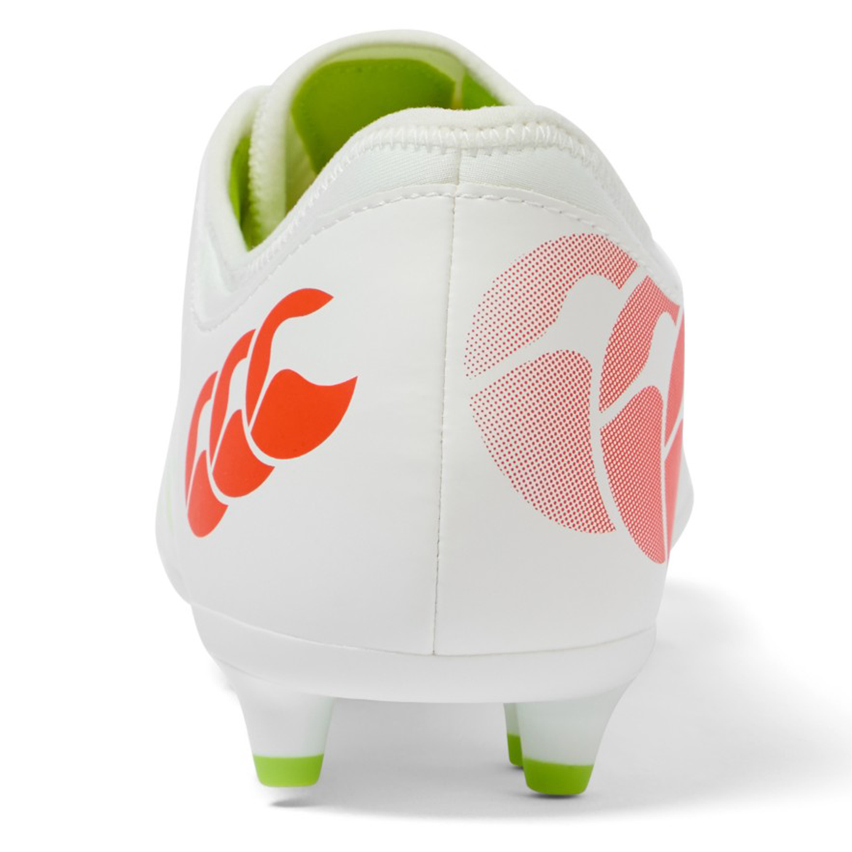 The Canterbury Phoenix 2.0 Team FG by Canterbury features a snow white upper with tangerine tango graphics on the heel and sides, plus green-tipped studs on its firm ground sole.