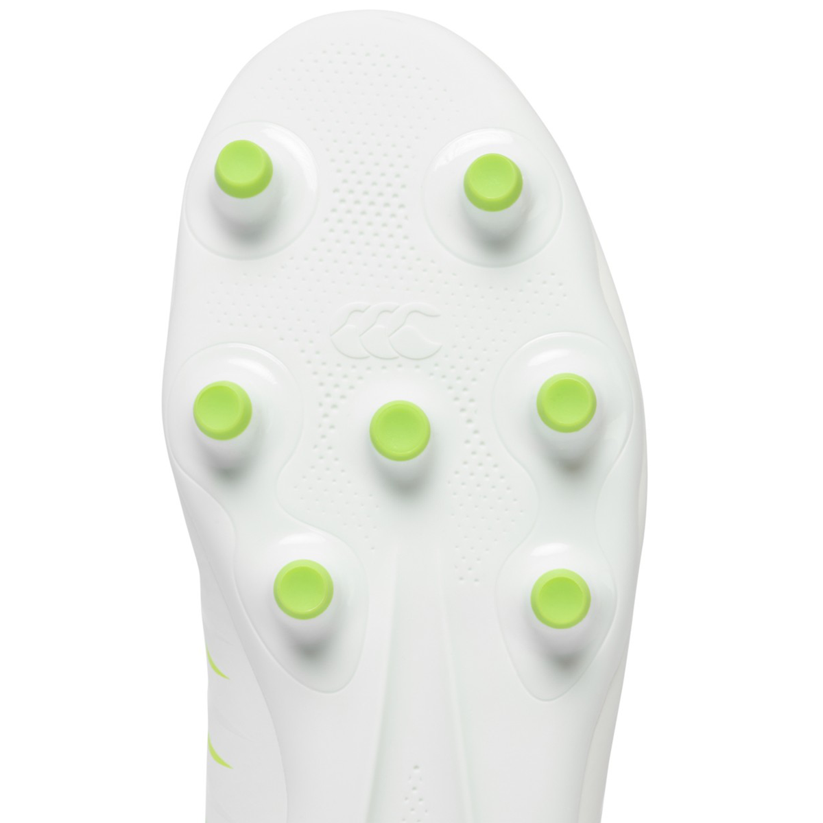 Close-up of the underside of the Canterbury Phoenix 2.0 Team FG football boot in Snow White/Tangerine Tango by Canterbury, showing eight light green studs and a textured toe area that highlights its durable construction.