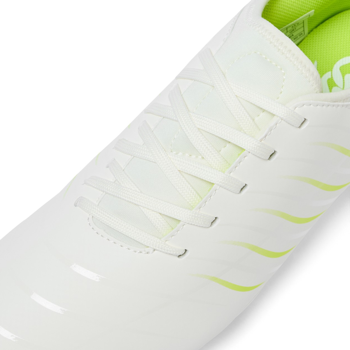 Close-up of the upper part of the Canterbury Phoenix 2.0 Team FG in Snow White/Tangerine Tango, featuring white laces and subtle light green accents, blending style with Canterbury's durable football boot quality.