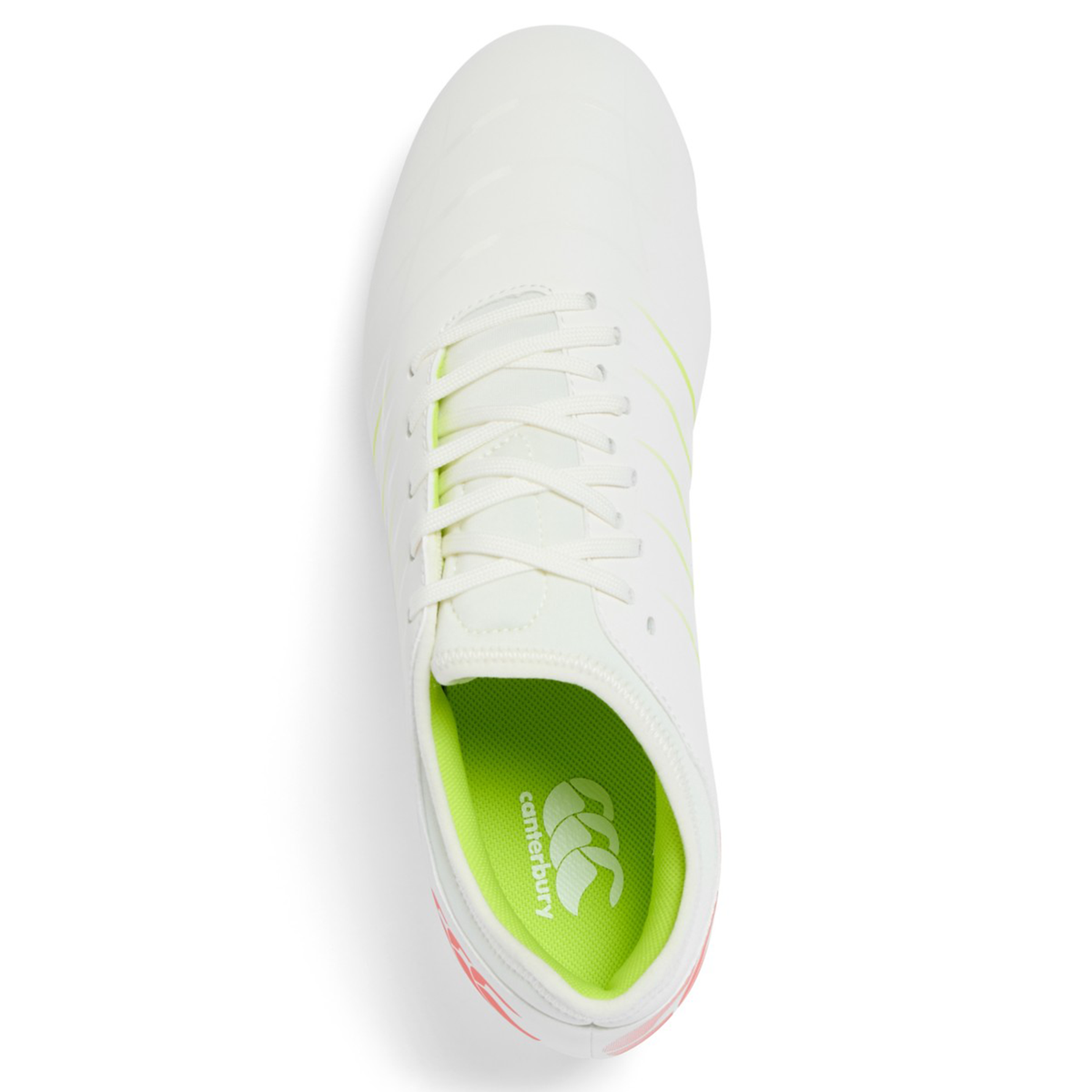 Top view of the Canterbury Phoenix 2.0 Team FG in Snow White/Tangerine Tango: a white firm ground boot with white laces, neon green Canterbury-branded inner sole, and subtle yellow stripes on the side.