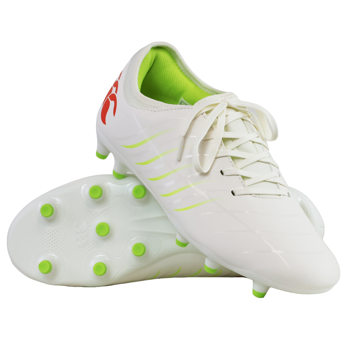 The Canterbury Phoenix 2.0 Team FG football boots by Canterbury, in Snow White/Tangerine Tango, feature light green accents, a red heel logo, white laces, and studs, all shown against a white background.