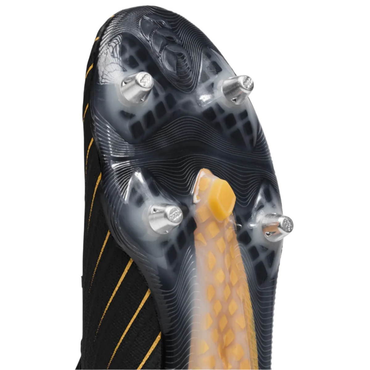 Close-up of the sole on the Canterbury Speed Falcon Team SG - Black rugby boot by Canterbury, featuring metal studs and yellow accents, highlighting its soft ground stud configuration and textured design.