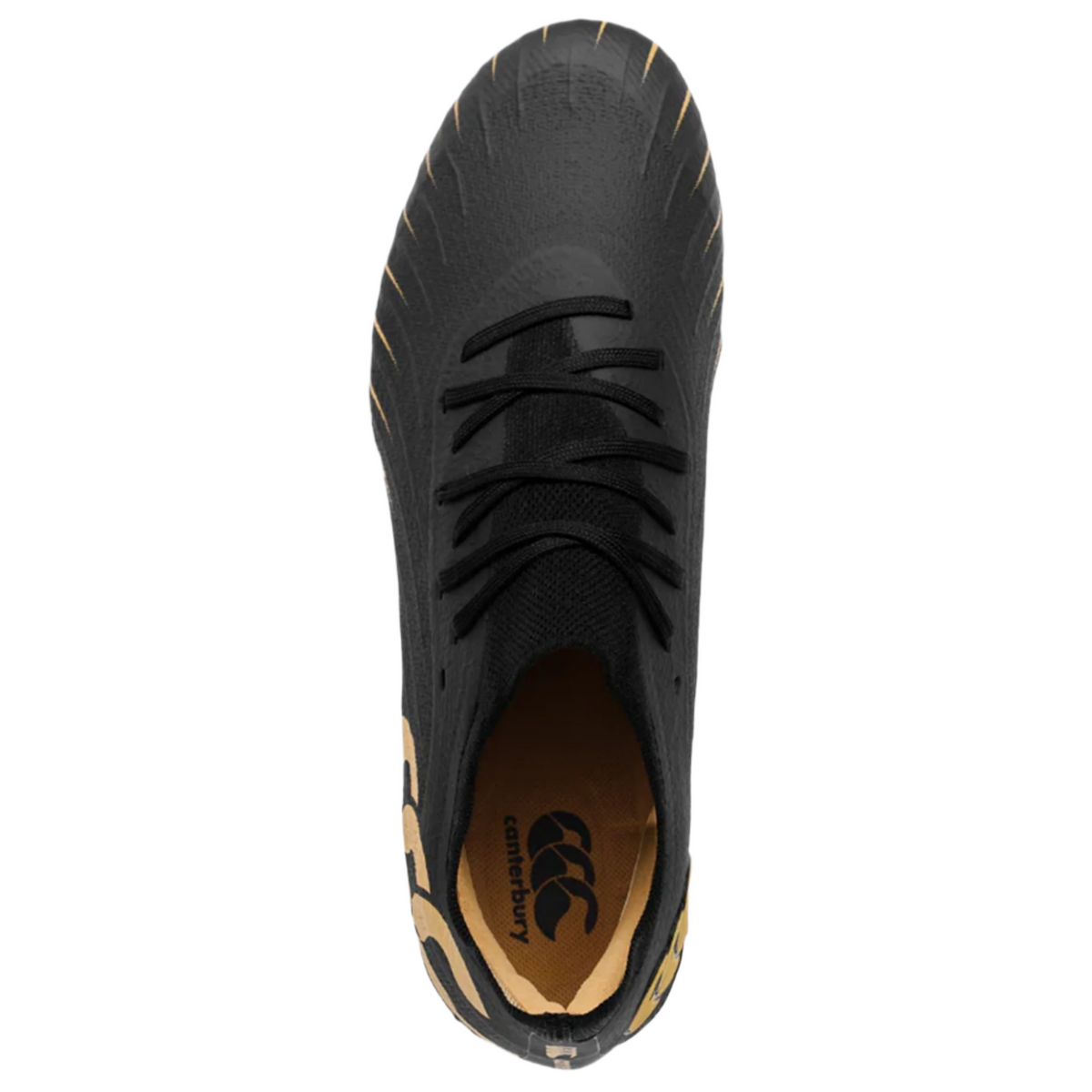 Top view of the Canterbury Speed Falcon Team SG - Black rugby boots, with black uppers, tan accents, black laces, and a Canterbury logo on the tan insole.