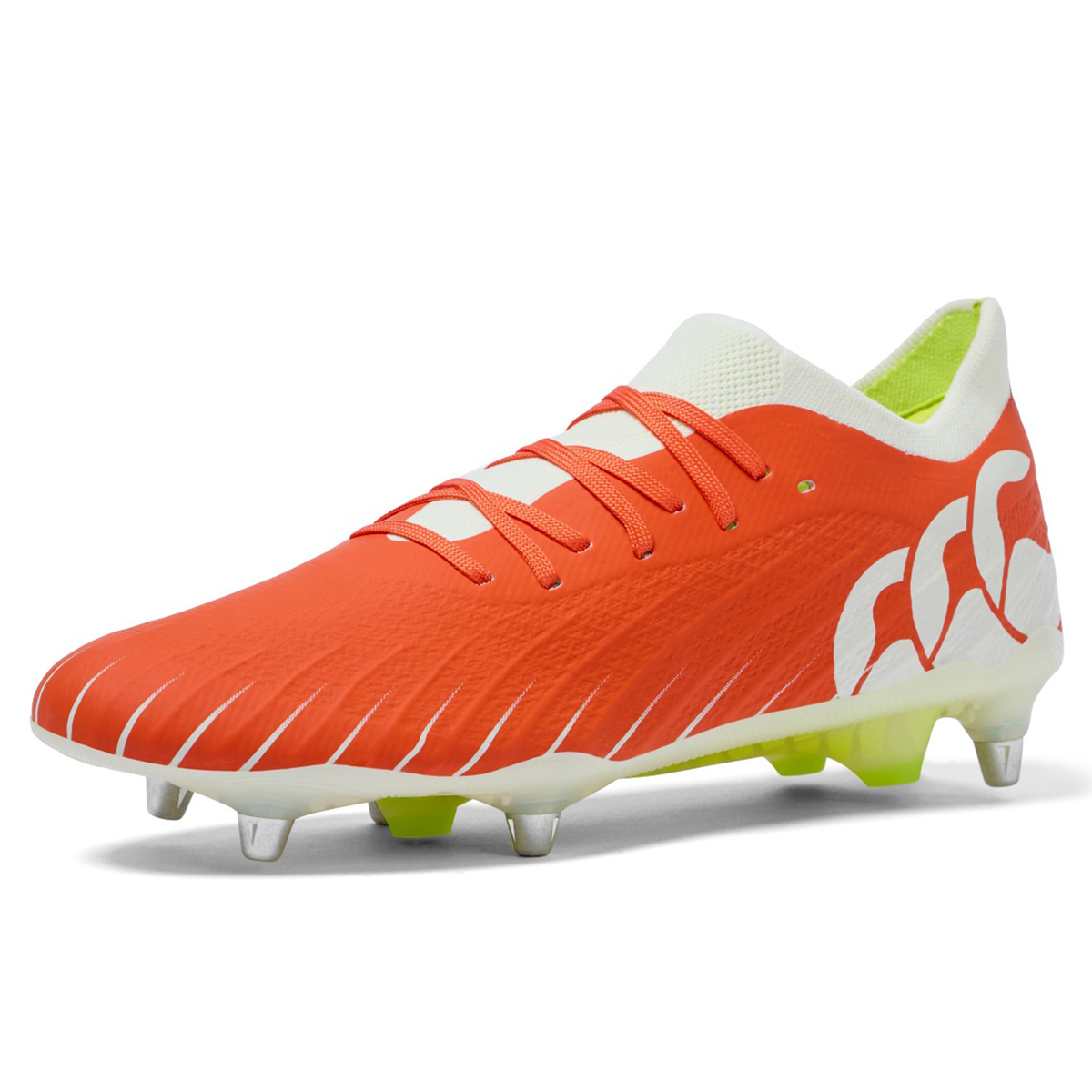 The Canterbury Speed Falcon Elite SG in Tangerine Tango/Snow White features a vibrant orange design with white accents, metal studs, white laces, a large side logo, and neon yellow inner lining.