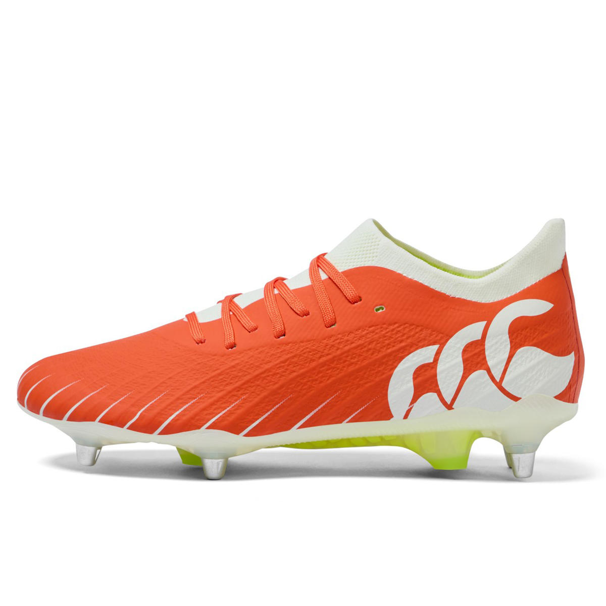 The Canterbury Speed Falcon Elite SG rugby boot in Tangerine Tango/Snow White features white laces, metal studs, and a stylized white Canterbury logo on the side, shown against a plain white background.