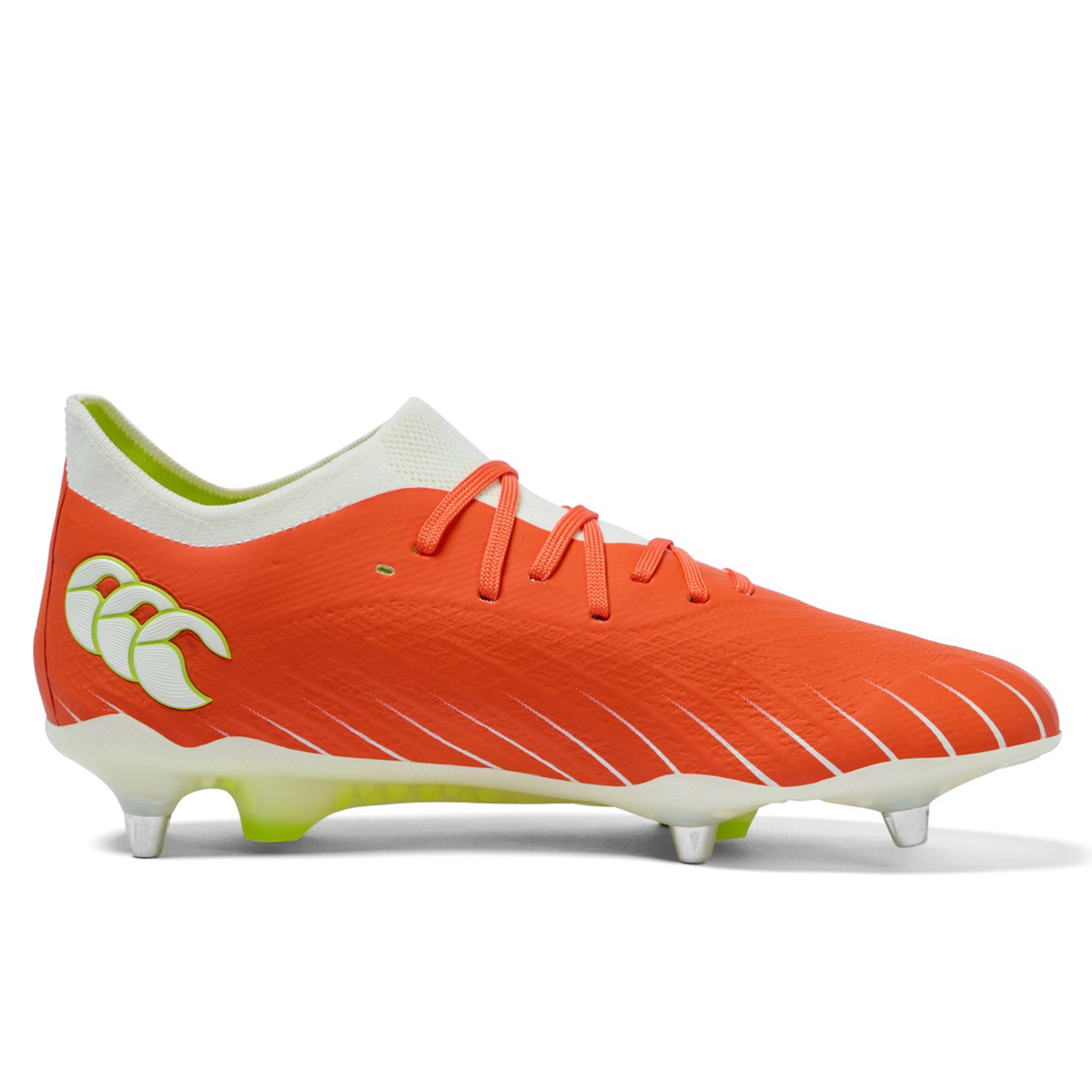The Canterbury Speed Falcon Elite SG rugby boots in Tangerine Tango/Snow White feature white laces, accents, and metal studs. A bold heel logo and diagonal white lines offer style and performance for soft ground play.