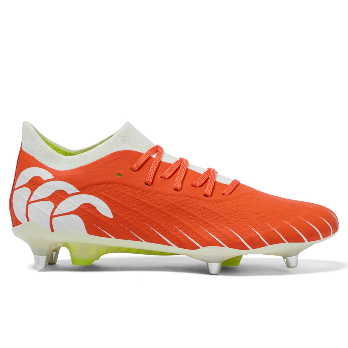 The Canterbury Speed Falcon Elite SG in Tangerine Tango/Snow White features a vibrant orange design with white accents and metal studs—ideal elite rugby boots for soft ground conditions.