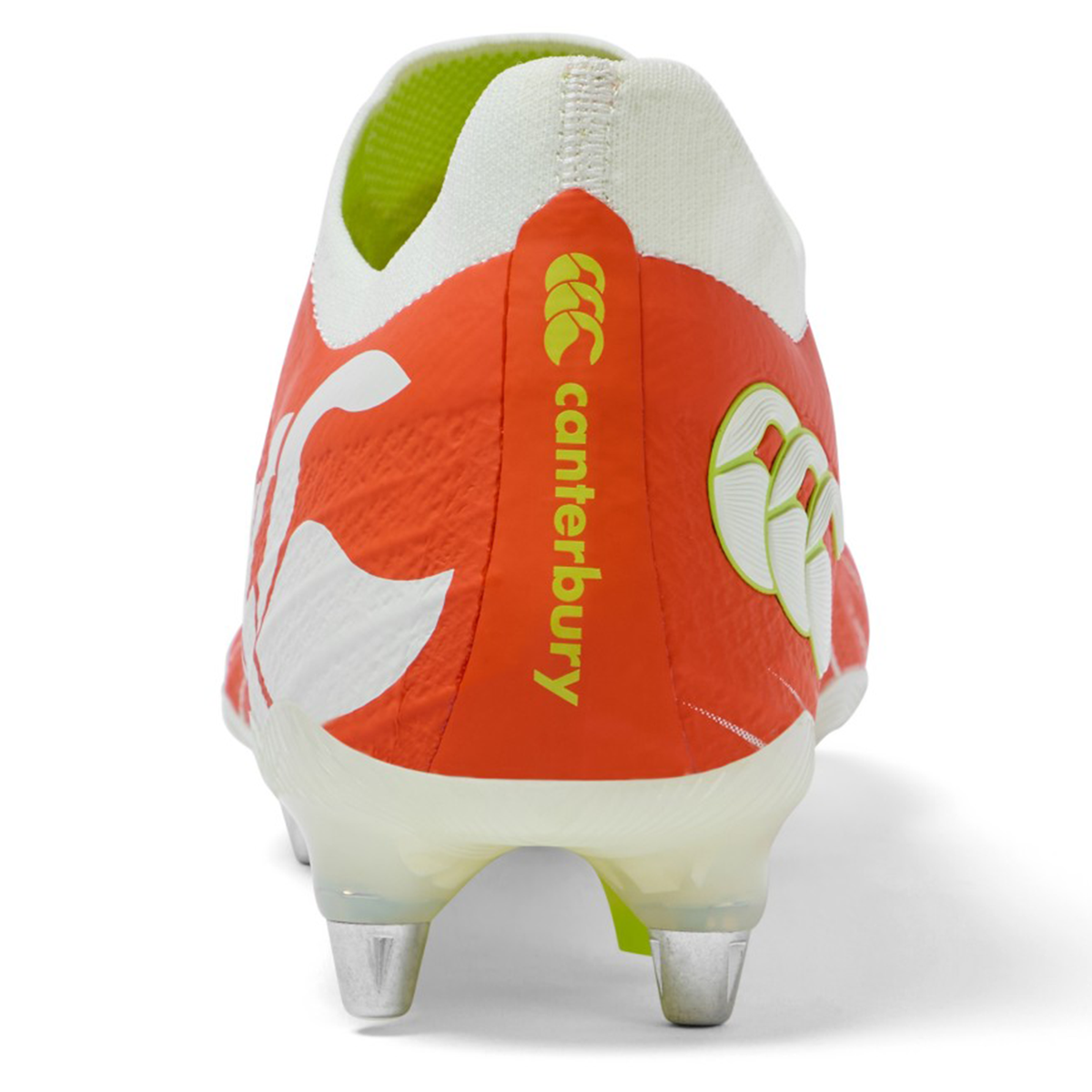 Rear view of the Canterbury Speed Falcon Elite SG rugby boot in Tangerine Tango/Snow White, featuring metal studs and elite branding on the heel.