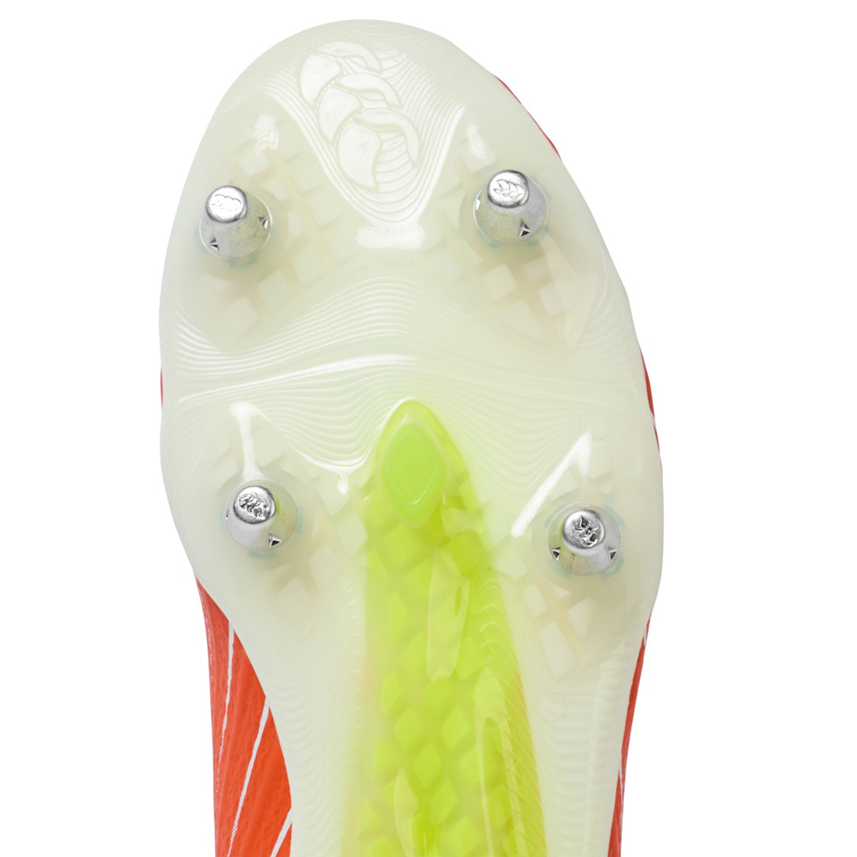 Close-up of the sole of the Canterbury Speed Falcon Elite SG rugby boots by Canterbury in Tangerine Tango/Snow White, showing four metal studs and a neon yellow center section.