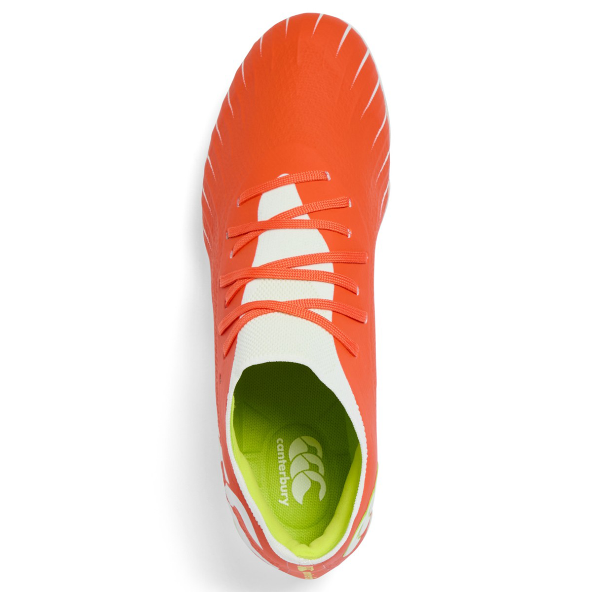 Top view of Canterbury Speed Falcon Elite SG rugby boots in Tangerine Tango/Snow White with orange laces, lime green interior, and Canterbury logo on the insole.