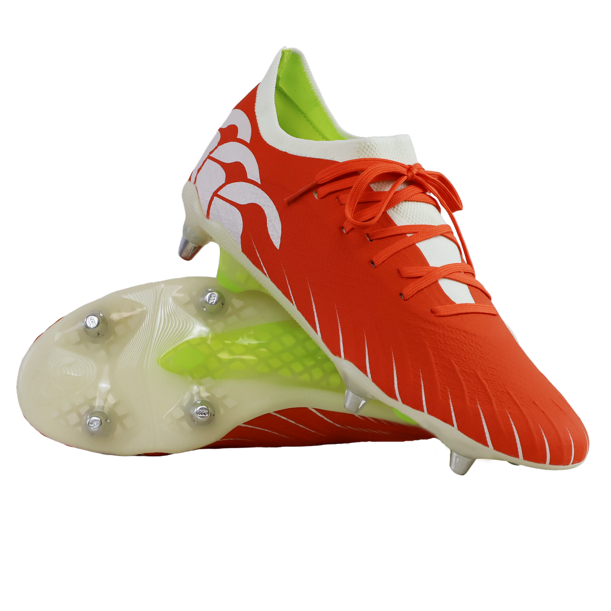The Canterbury Speed Falcon Elite SG rugby boots in Tangerine Tango/Snow White feature metal studs, white accents and laces, a white and green inner lining, and are shown on a white background.