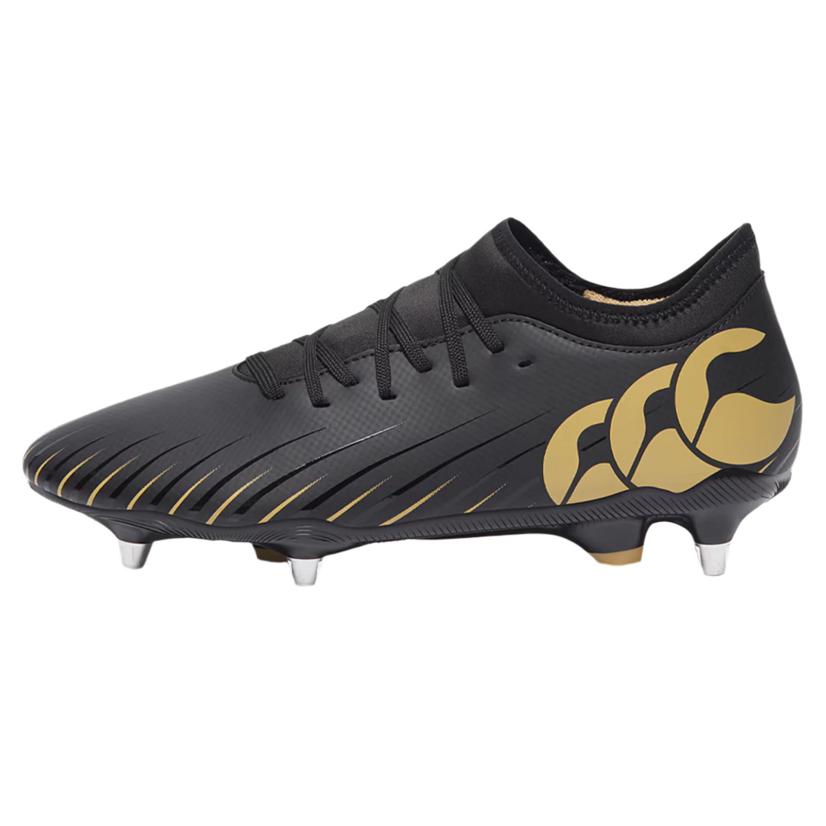 The Canterbury Speed Falcon Team SG - Black rugby boots by Canterbury feature a sleek black design with gold accents, a gold logo, laces, four metal forefoot studs, and two rear studs.
