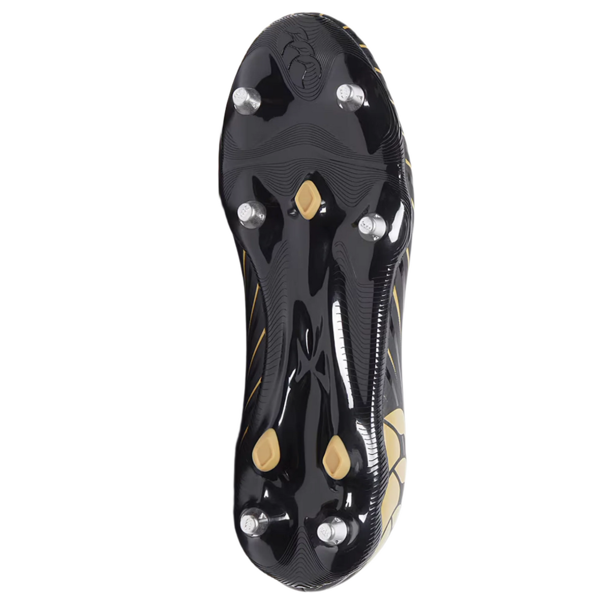 The image shows the black and gold soleplate of the Canterbury Speed Falcon Team SG rugby boots by Canterbury, featuring six metal studs and two gold-tipped studs for enhanced grip and stability.
