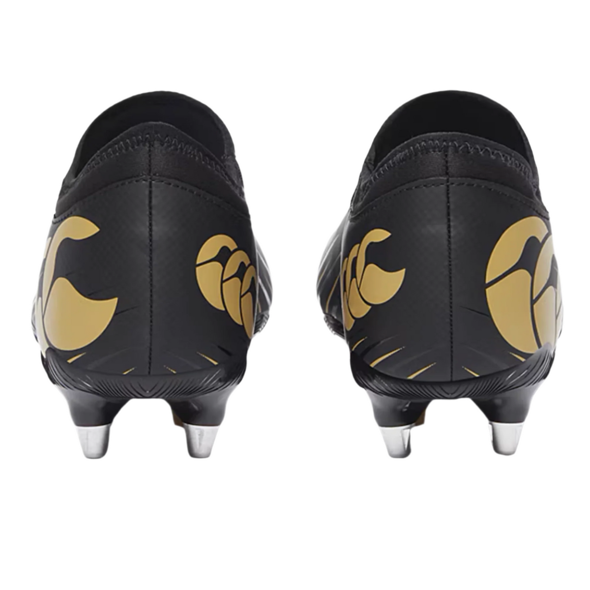 Rear view of Canterbury Speed Falcon Team SG rugby boots by Canterbury in black with gold logos and metal studs on the soles, shown on a white background.