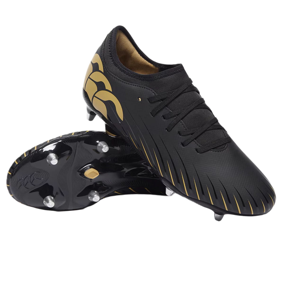 The Canterbury Speed Falcon Team SG - Black rugby boots by Canterbury feature lightweight black design with gold accents, laces, and metal studs on the soles, displayed against a white background.