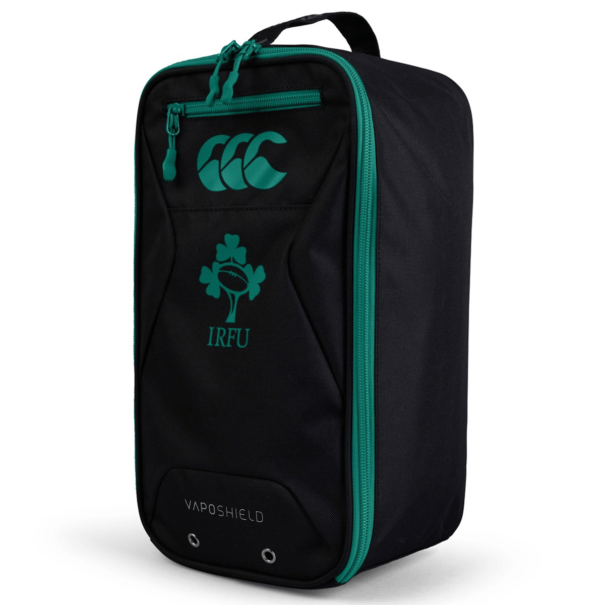 The Ireland 25/26 Bootbag by Canterbury is a black rugby boot bag with teal zippers and logos, featuring the CCC logo and IRFU emblem—an official Canterbury VapoShield Ireland Rugby bootbag.