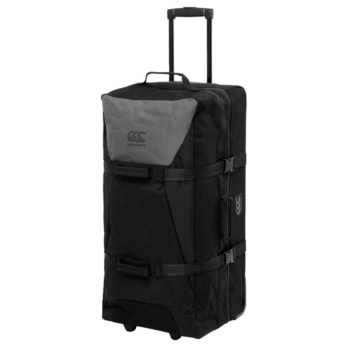 The Canterbury Team Wheelie Bag is a spacious black and gray bag featuring a retractable handle, side buckles, and the iconic Canterbury logo on the front pocket—perfect for transporting all your training essentials.