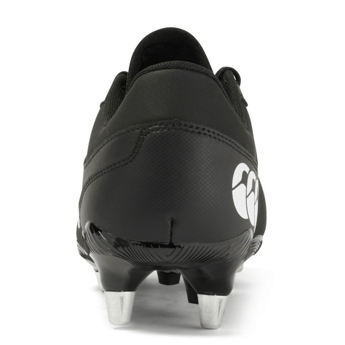A rear view of the Canterbury Phoenix Raze SG Boot in black and white, featuring high-traction studs and a white logo on the heel, designed specifically for soft ground.