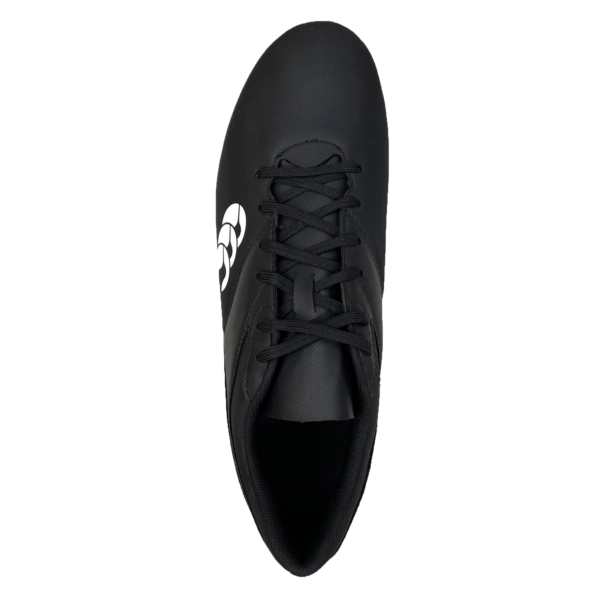 A top-down view of the Canterbury Phoenix Raze SG Boot in Black/White, showcasing a white logo on the side and designed with a lightweight outsole for enhanced comfort.