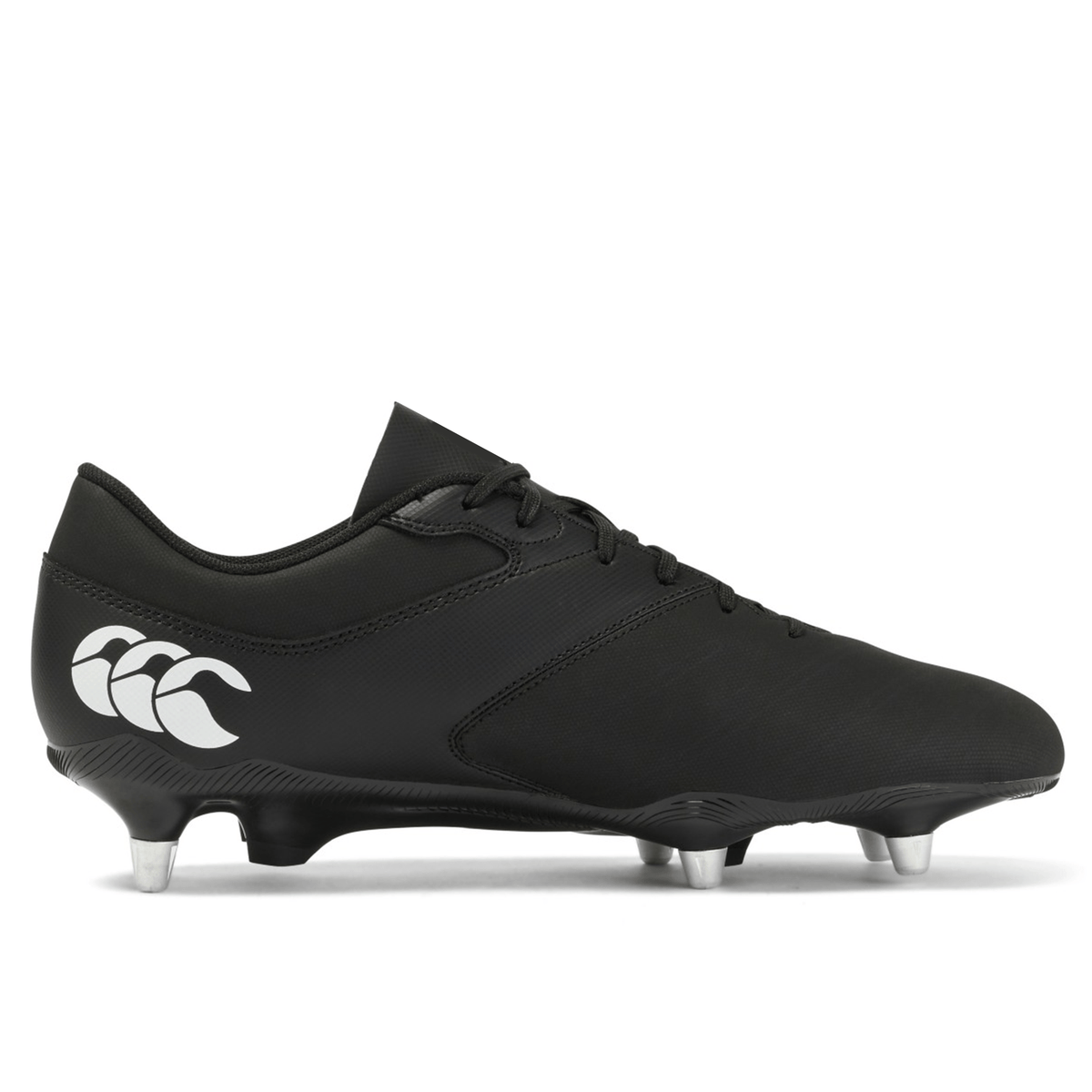 The Canterbury Phoenix Raze SG Boot in Black/White features four studs, a lace-up closure, and a distinctive white logo on the heel. This cleat provides a lightweight outsole and superior grip for optimal performance.