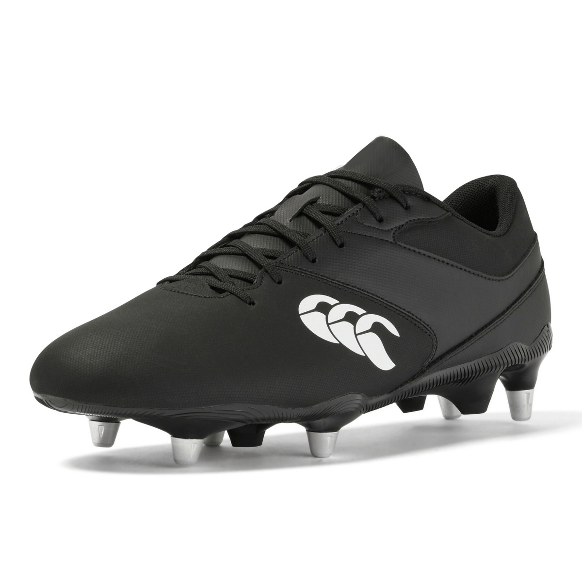 The Canterbury Phoenix Raze SG Boot in Black/White boasts a sleek black rugby design with six metal studs, a textured upper for superior grip, and a white logo prominently displayed on the side. The lightweight outsole is engineered to enhance agility and performance.