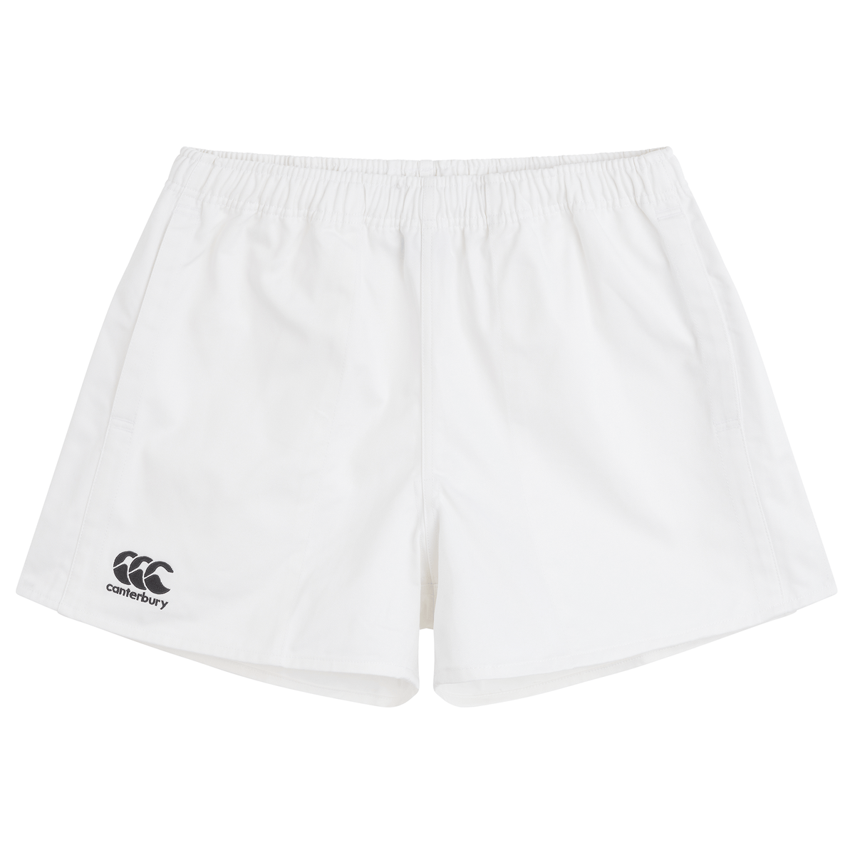 Canterbury Professional Cotton Short 3-Pack Bundle: White athletic shorts with an elastic waistband and a subtle Canterbury logo on the left leg.