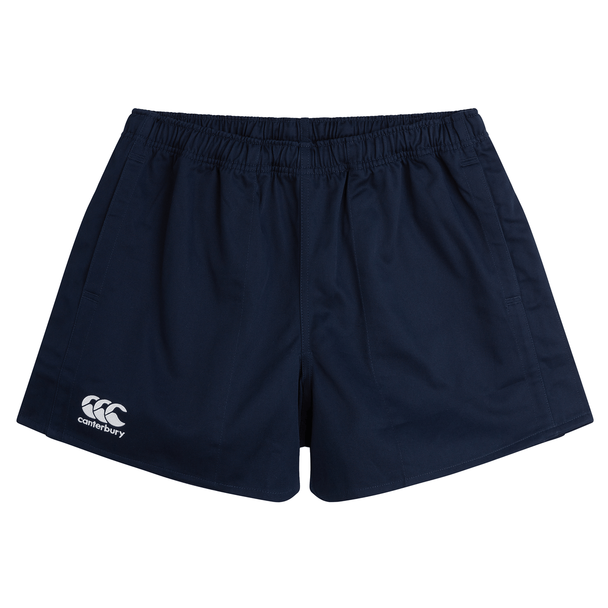 Navy blue athletic shorts from the Canterbury Professional Cotton Short 3-Pack Bundle by Bundle Canterbury, featuring an elastic waistband and the iconic Canterbury logo on the bottom left for a stylish finish.