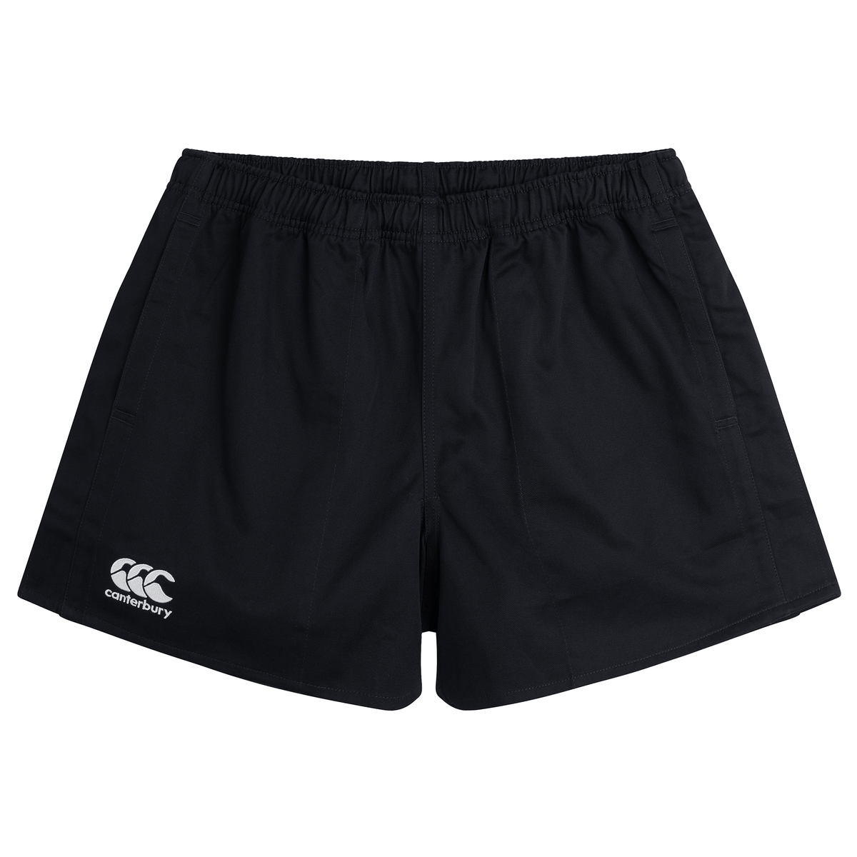 This 3-pack bundle of Canterbury Professional Cotton Shorts from Bundle Canterbury features black shorts with an elastic waistband and the Canterbury logo on the left leg.