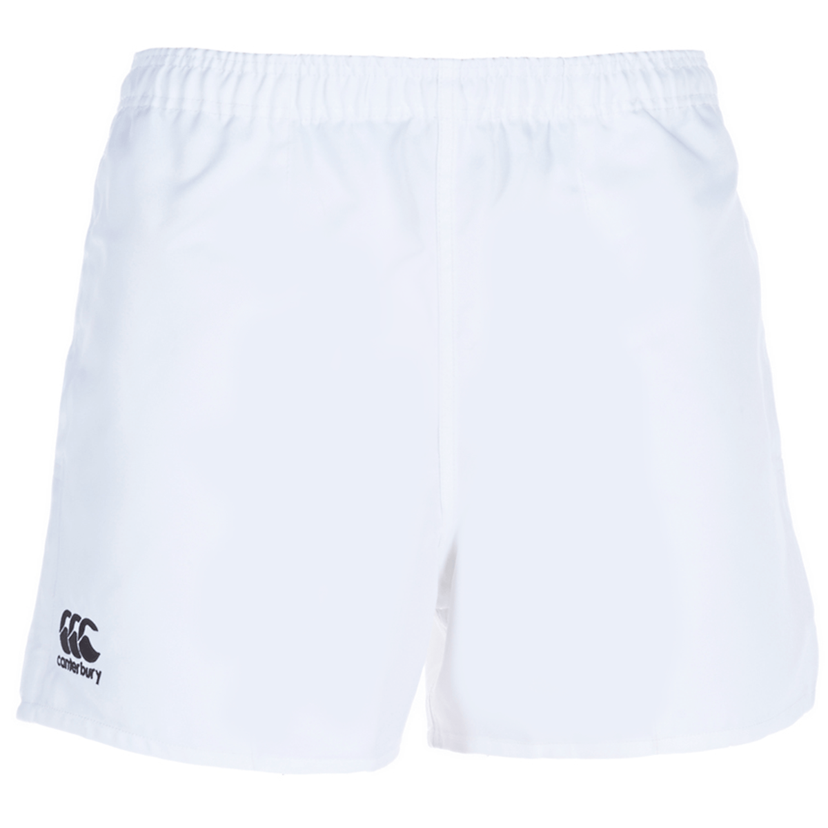 The Canterbury Professional Polyester Short 3-Pack Bundle by Bundle Canterbury includes white athletic shorts with a logo on the left leg, perfect for rugby enthusiasts.