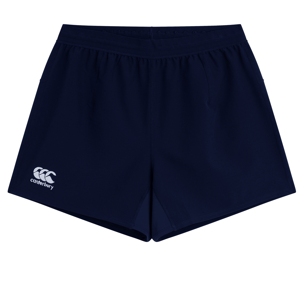 Navy blue Canterbury Tournament Shorts featuring an elastic waistband and a white logo on the left leg.