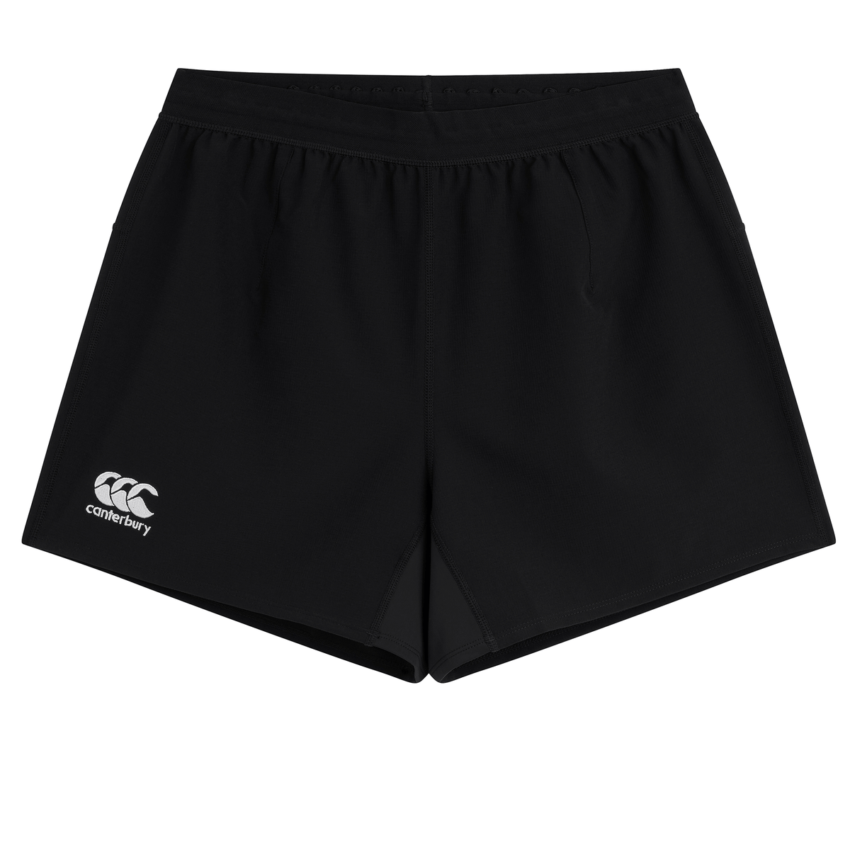 The Canterbury Tournament Shorts are a black pair of shorts featuring the iconic Canterbury logo on the lower left leg, crafted from durable ripstop materials.
