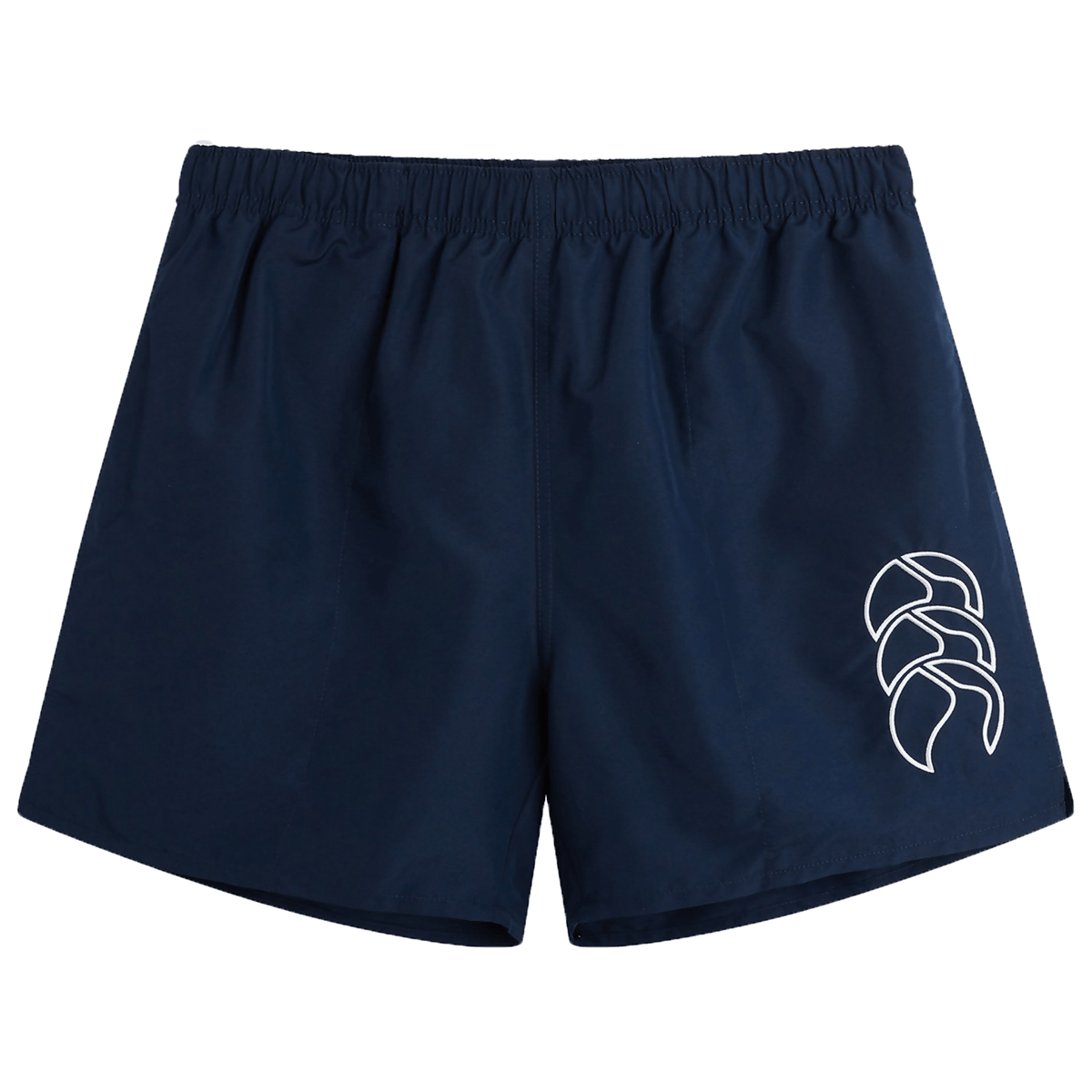The Canterbury Tactic Short 3-Pack Bundle by Bundle Canterbury comes in navy blue with an elastic waistband and a white abstract design on the lower left side, ideal for rugby enthusiasts.