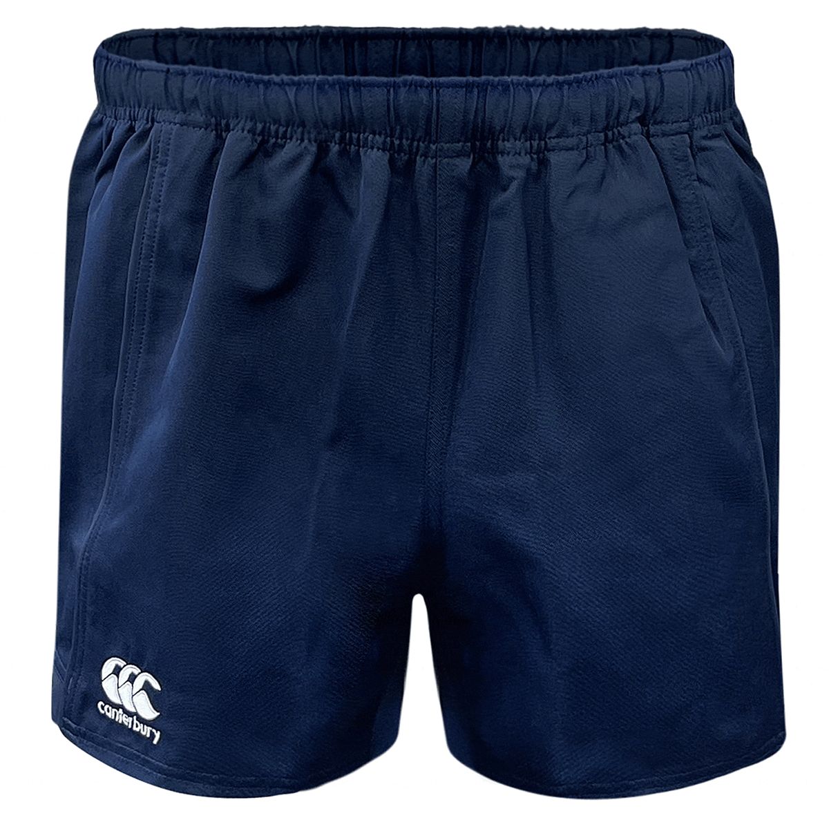 Navy shorts elastic waist with white Canterbury logo on lower right leg.