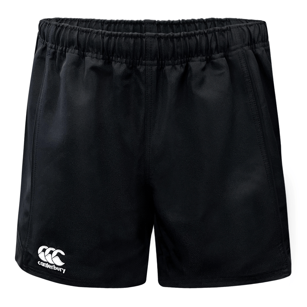 Black shorts elastic waist with white Canterbury logo on lower right leg.