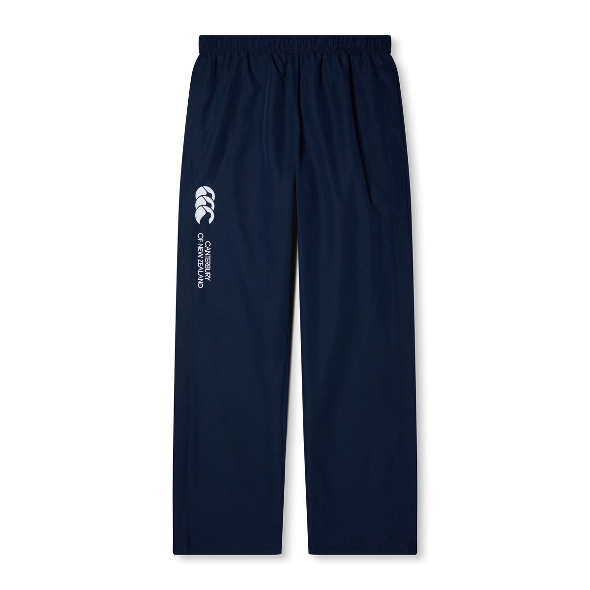 The Women&#39;s Canterbury Open Hem Stadium Pant features a navy blue color with an elastic waistband, showcasing a white Canterbury logo and &quot;Queensland&quot; on the left leg. These athletic pants are ideal for rugby training and come with full-length leg zips for convenience.