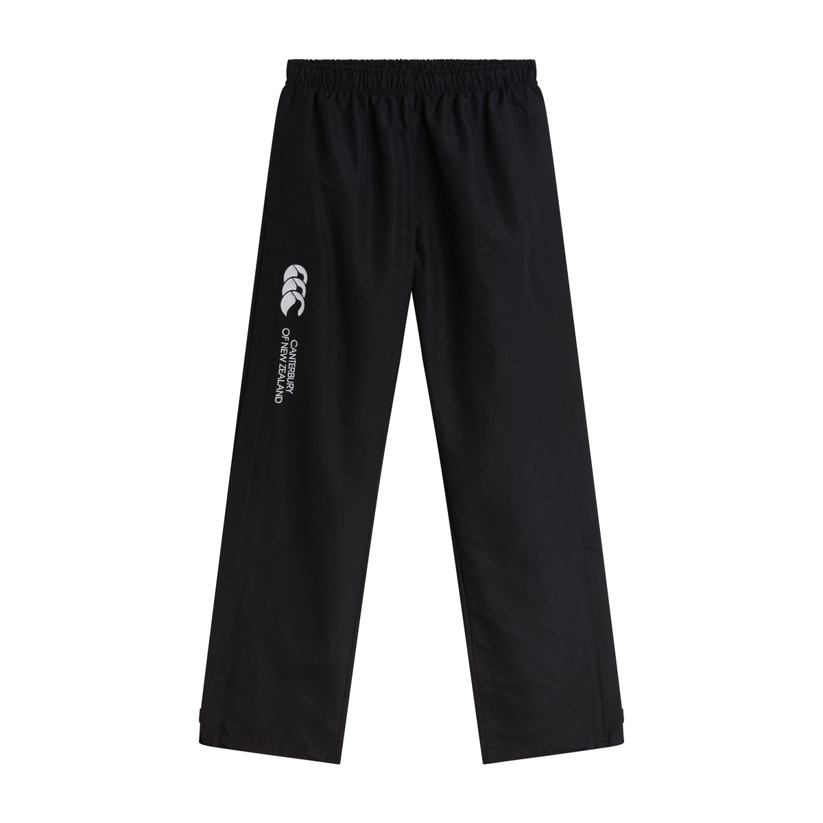 The Women&#39;s Canterbury Open Hem Stadium Pant features black athletic pants with an elastic waistband and the iconic Canterbury logo on the side. They&#39;re designed for comfort during rugby training and include convenient full-length leg zips.