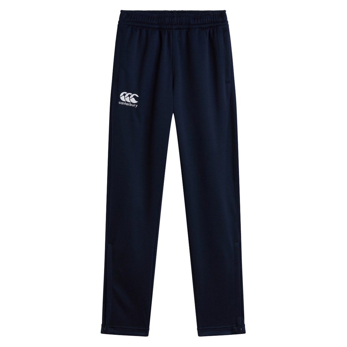 A pair of Canterbury Stretch Tapered Pants in navy blue featuring an elastic waistband, quick-dry fabric, and a logo on the left thigh.