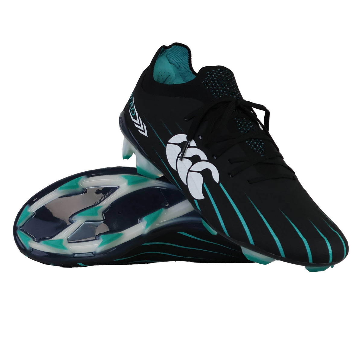 A pair of Canterbury Speed Falcon 2.0 Elite FG boots in Jet Black and Baltic Green, featuring teal accents, a white Canterbury logo, and teal-studded soles designed for lightweight speed; one boot stands upright while the other lies on its side.