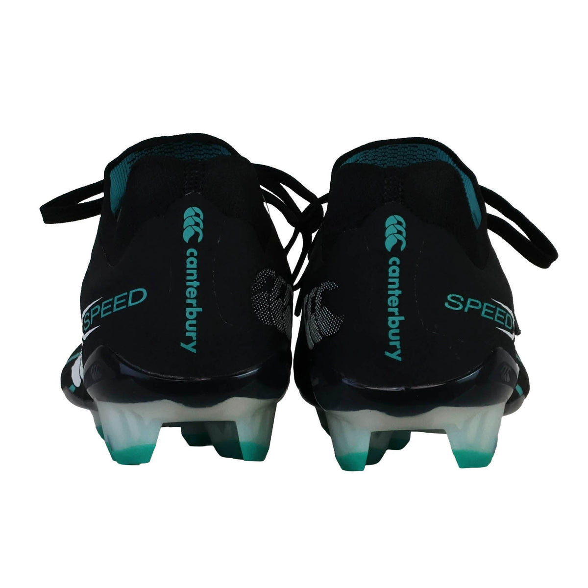Rear view of Canterbury Speed Falcon 2.0 Elite FG rugby boots in Jet Black and Baltic Green, featuring teal accents and white studs, positioned side by side on a plain background—engineered by Canterbury for lightweight speed on the pitch.