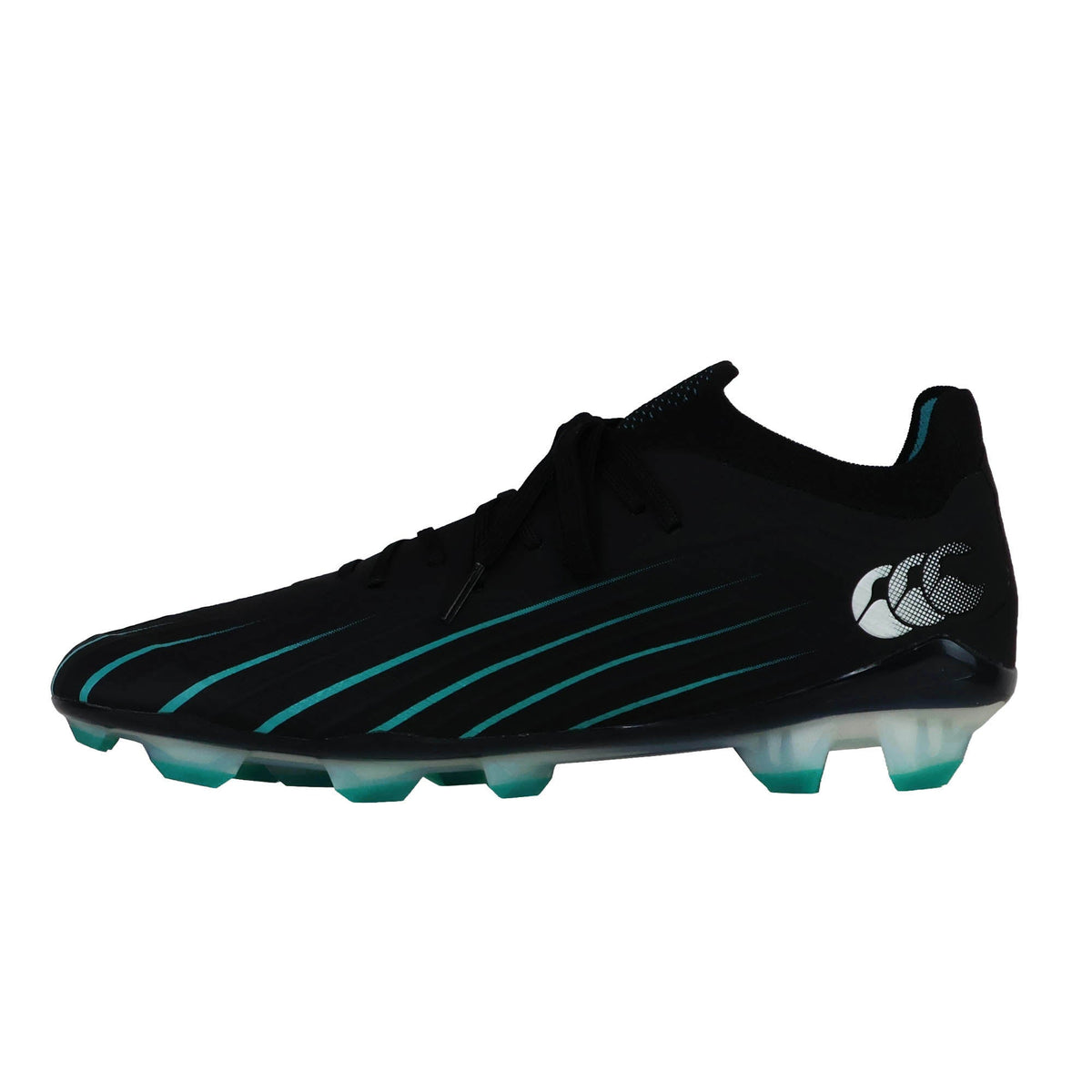 The Canterbury Speed Falcon 2.0 Elite FG - Jet Black/Baltic Green is a lightweight athletic soccer cleat featuring a sleek black design with Baltic green accents and a white logo. Built for speed, this low-cut Canterbury cleat includes molded studs for traction, delivering agility on the field and performance comparable to leading rugby boots.